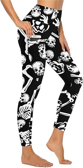 QIVICIMA Womens High Waist Workout Printed Holiday Leggings with Pockets - skull leggings
