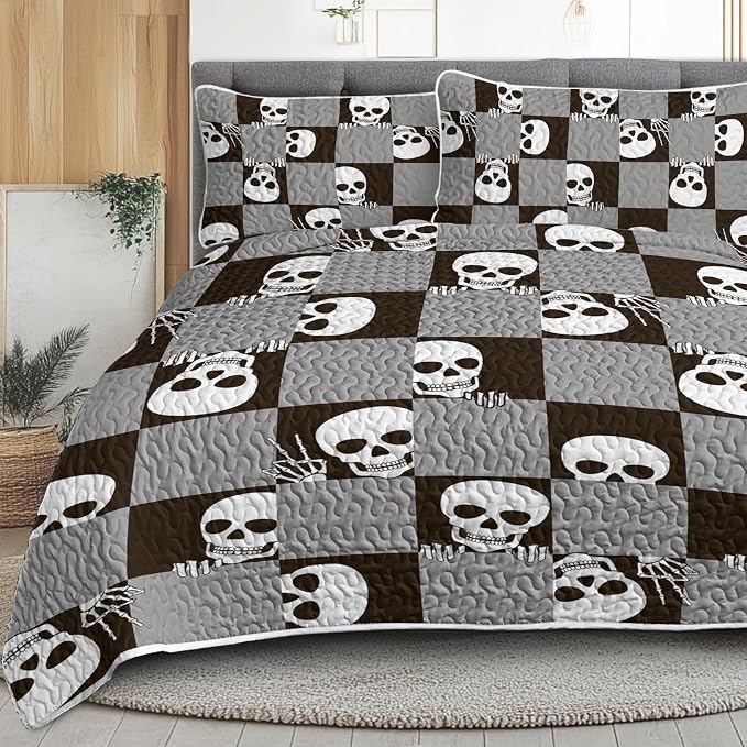 BlessLiving Quilts Queen Size Skull Black Grey Checkered Halloween Bedding