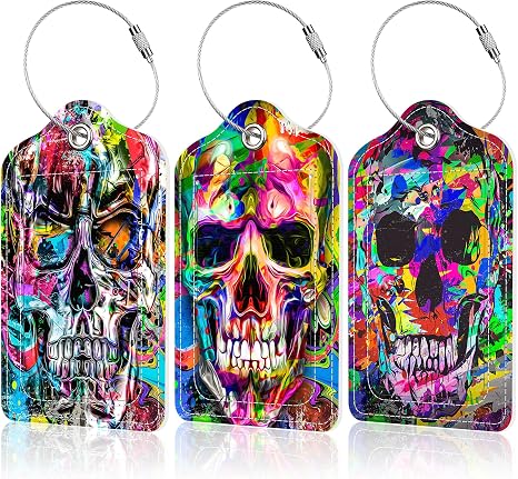 3 Pack Colorful Skull Luggage Tags for Suitcases,Skull Graffiti Leather Baggage Suitcases Tag Name ID Label Privacy Cover Travel Bag Tags for Women Men Boys Girls - skull suitcase