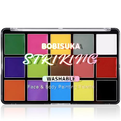 BOBISUKA Face Body Paint, 15 Color Professional Face Painting Palette for Art Theater Halloween Party Cosplay Clown SFX Makeup for Women Adults, Non-Toxic Washable - sugar skull makeup