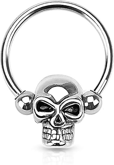 Forbidden Body Jewelry Surgical Steel Skull Captive Bead Ring Hoops, Skull Septum Ring, Nipple Ring, CBR 14G-16G (Sold as Set or Single)