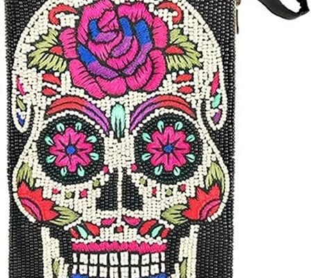 Sugar Skull Club Beaded Phone Crossbody Bag, Black Multi