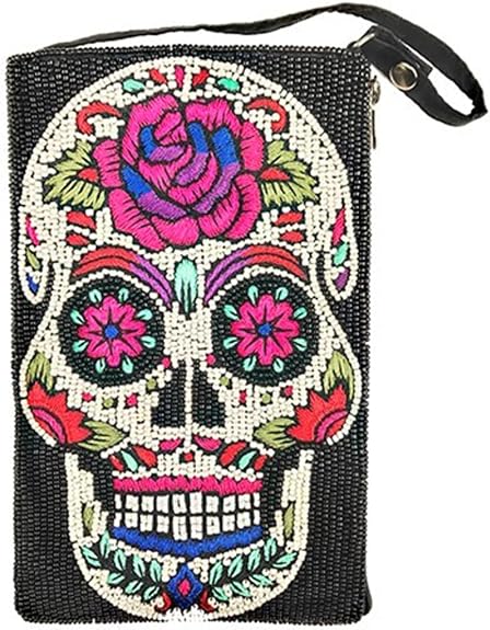 Sugar Skull Club Beaded Phone Crossbody Bag, Black Multi - sugar skull handbags for sale