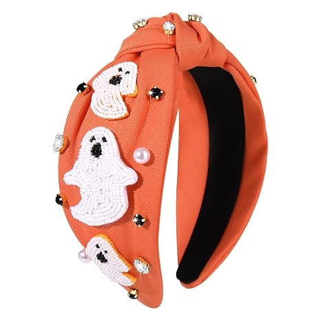 boderier Halloween Headband Beaded Pumpkin Skull Knotted Headband Pearl Crystal Embellished Wide Hair Accessories (Ghost) - skull headband
