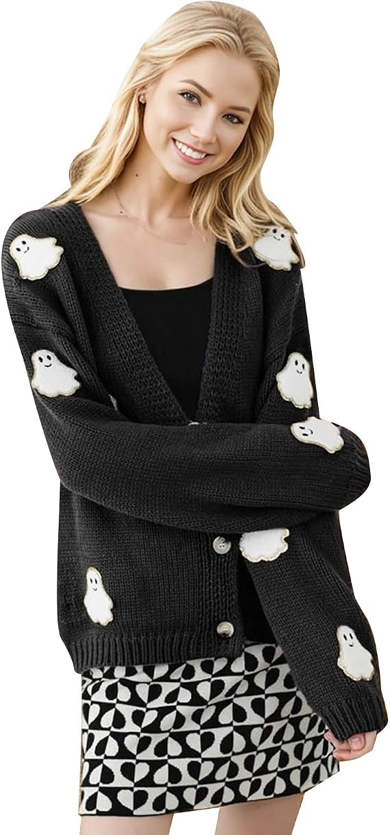 CHICWISH Women's Black Purple Halloween Ghost Patch Open Front Cardigan Sweaters V Neck Casual Button Down Knit Coats - skull jacket