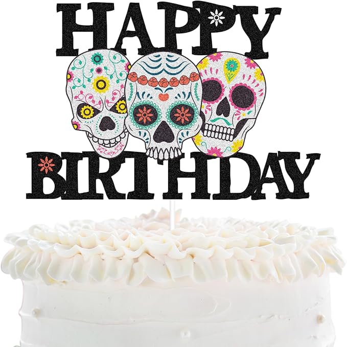 Halloween Sugar Skulls Happy Birthday Cake Topper - Halloween Skeleton Day Of The Death Cake Topper Supplies - Gothic Mr Mrs Wedding Birthday Party Decoration - sugar skull ornament