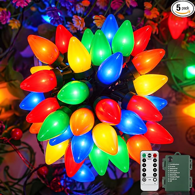Couah 50 LED C7 Christmas Lights,24Ft C7 Christmas Lights Battery Operated String Lights with Remote Timer 8 Lighting Modes for Indoor Outdoor Xmas Tree Garden Patio Party Christma Decor - string light