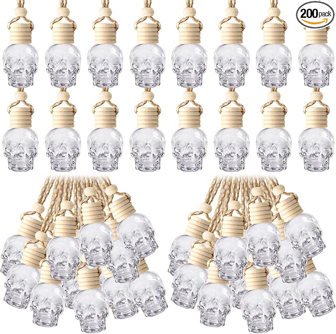 BBTO 200 Pcs Hanging Car Diffuser Bottles Bulk, Empty Clear Glass Air Freshener Bottles with Wooden Cap for Perfume Essential Oils Fragrance Aromatherapy Ornament(Skull)