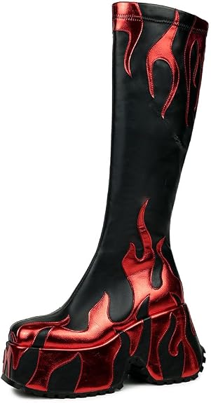 HiColor women’s side zipper high heeled Flames Printing Chunky sole boots tall boots round toe boots - sugar skull boots