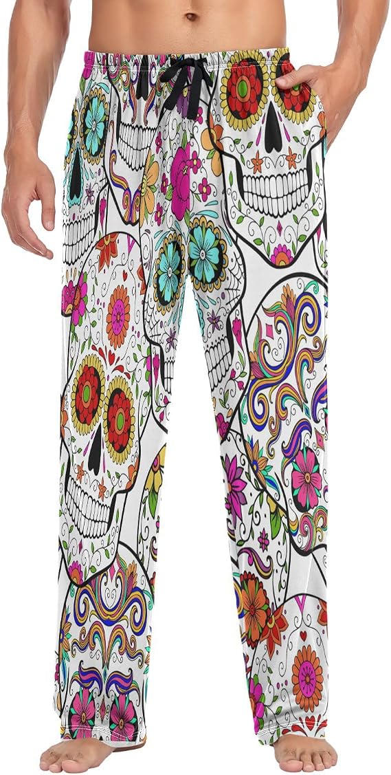 visesunny Men's Pajama Pants 100% Cotton Lounge Soft Warm Sleepwear Pants PJ Bottoms Drawstring and Pockets - skull pajamas