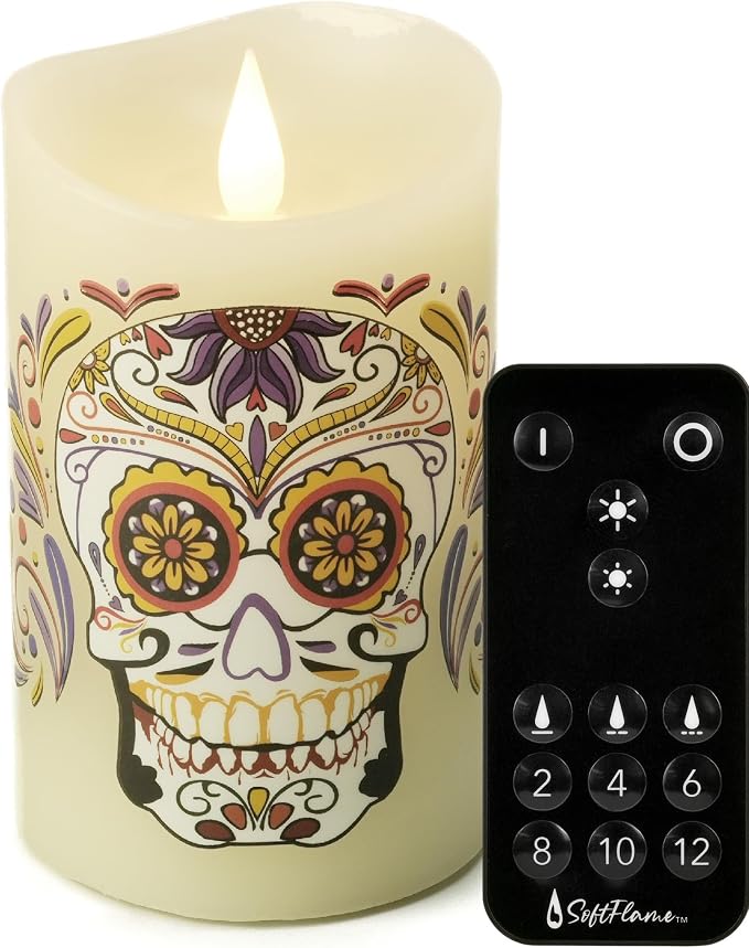 Halloween Flameless LED Candles with Remote Control, 3"x 5"Battery Operated Pillar Real Wax with Timer for Halloween Decorations, Sugar Skull Candle - skull candle