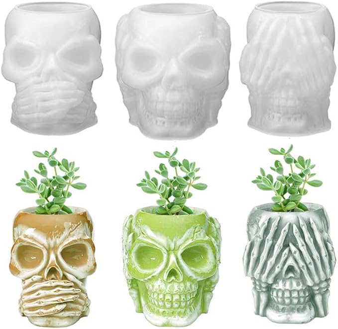 3 Set Halloween Skull Storage Box Silicone Resin Mold Skull Shaped Bottle Jar Epoxy Silicone Casting Molds for Potted Candlestick Ornaments Container Pen Holder, 3D DIY Decor Crafts - skull candle
