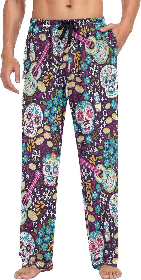 visesunny Stylish Men's Pajama Pants 100% Cotton Lounge Soft Warm Sleepwear Pants PJ Bottoms Drawstring and Pockets - skull pajamas