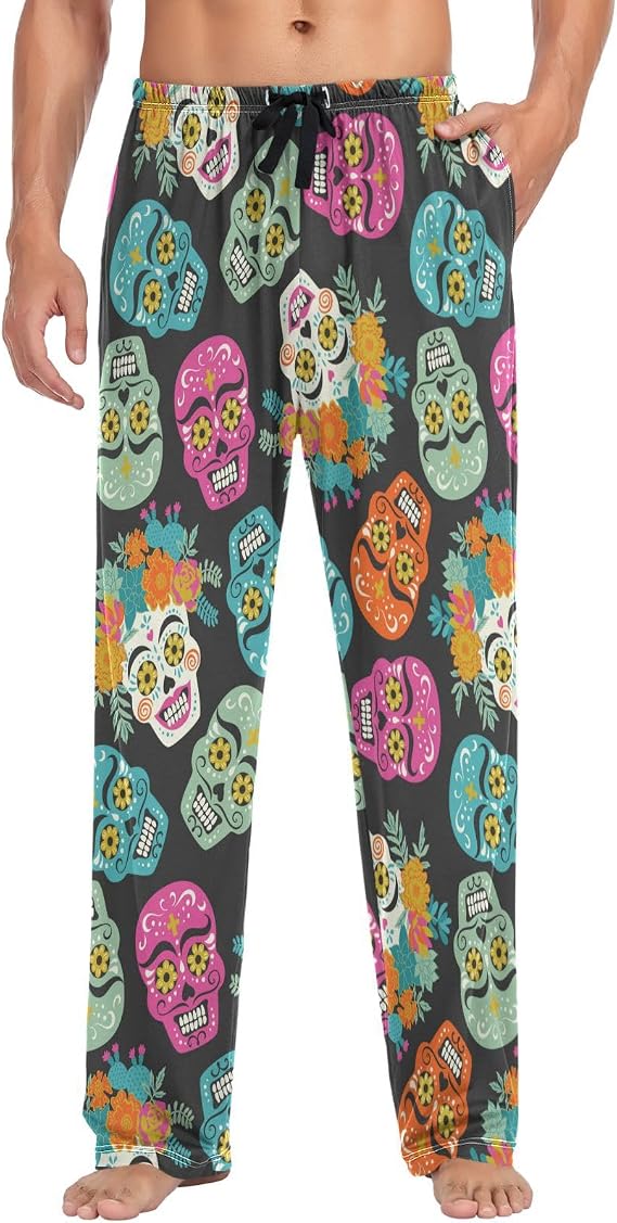 visesunny Men's Pajama Pants 100% Cotton Lounge Soft Warm Sleepwear Pants PJ Bottoms Drawstring and Pockets - skull pajamas