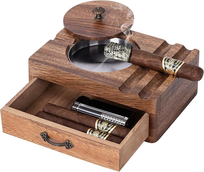 Joyoldelf Cigar Ashtray Wooden Box - Windproof Lid, Stainless Steel Removable Bowl, Cigar Holder & Drawer Organizer - Vintage Outdoor Ashtray Gift for Men, Patio, Porch, Home Bar - skull ashtray
