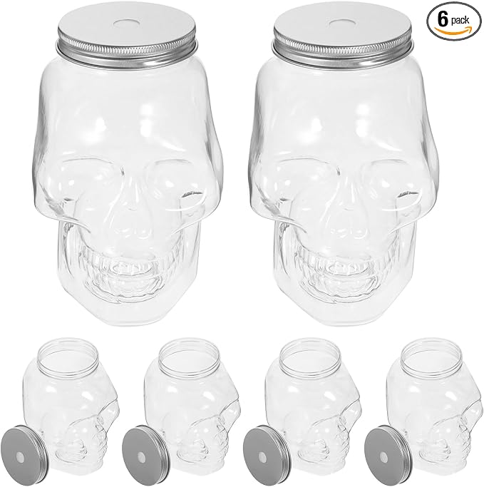 Amosfun 6pcs Skull Beverage Bottles with Straw Hole Lids – Transparent Empty Refillable Juice Bottles for Halloween Parties Juice and Drinks Storage