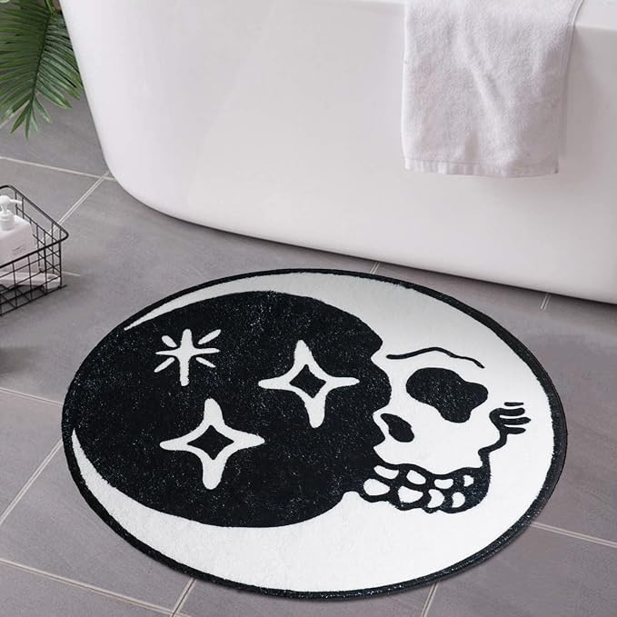 Skull Moon Bath mat - Goth Circle Bath Mat,Gothic Bathroom Decor - Soft Round Rug for Bathroom,Water Absorbent Bathmat,Goth Bath Mat for Shower,Entryway,Front Door,Halloween Rug - skull carpet