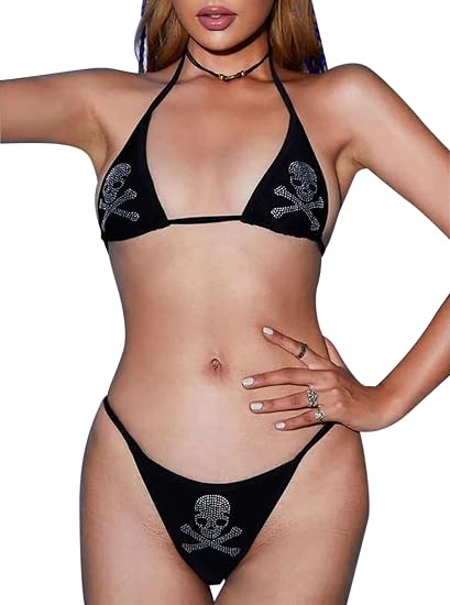 JUMISEE Women Skull Letter Pattern Goth Bikini Set 2 Piece High Waist Bandeau Swimsuit