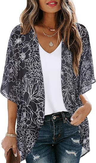 CHICGAL Womens Floral Kimono Cardigan Beach Cover Up Casual Summer Tops - skull jacket