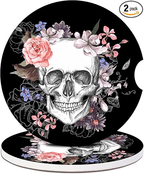 Cup Holders Car Coasters - Skull Flower Absorbent Ceramic Coaster, Drink Cup Holder Coasters, Auto Accessories for Women & Men, Pack of 2 - skull coaster