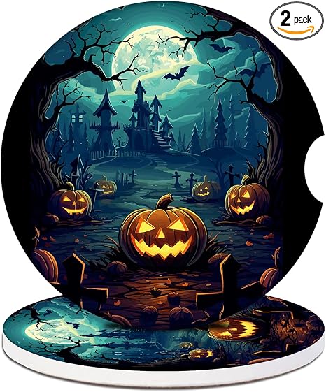 Cup Holders Car Coasters - Halloween Night Pumpkins Absorbent Ceramic Coaster, Drink Cup Holder Coasters, Auto Accessories for Women & Men, Pack of 2 - skull coaster