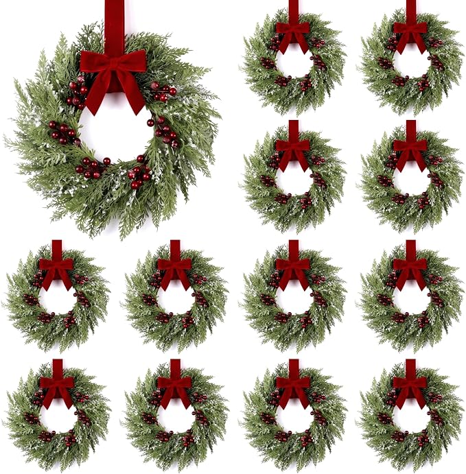 Barydat 12 Pcs 15" Mini Christmas Wreaths for Kitchen Cabinet with Long Bow - skull wreath