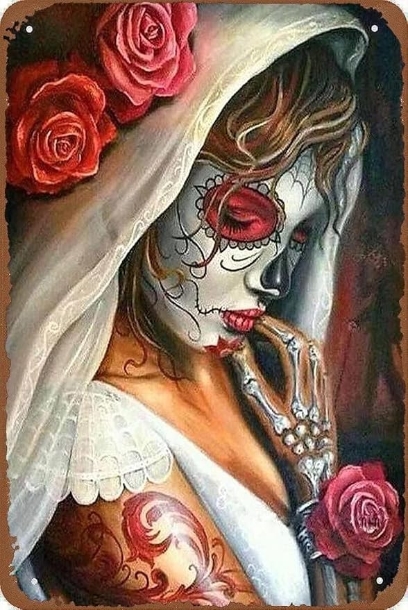 Rustic Metal Tin Sign Sugar Skull Beauty Retro Art Wall Decor Antique Tin Sign Vintage Advertising Metal Tin Sign Farmhouse Coffee Shop Street Garden Garage Door Shop Metal Signs 8x12 Inch - skull wall art