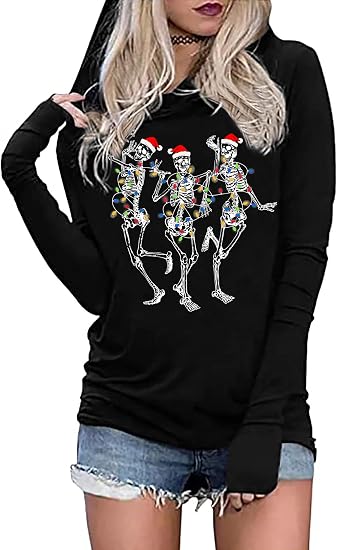 Skeleton Christmas Shirts for Women Xmas Tshirt Skull Graphic Tees Long Sleeve Pullover Tops - skeleton