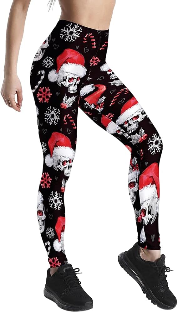 Women's Skull Santa Print Christmas Leggings for Party Costumes Pants High Waist Snowflake Slim Xmas Halloween Legging - skull leggings