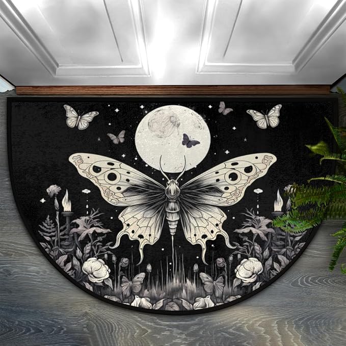 Retro Gothic Butterfly Half Round Door Mat Indoor Entrance, Moon Flower Non Slip Absorbent Doormats 24 x 36 inch Semi Circle Door Floor Mats Area Rugs for Home Kitchen Patio - skull rug