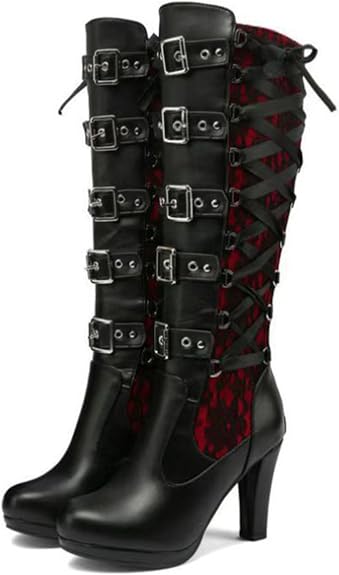 FAIRSOMA Women'S Lace Up Victorian Knee-High Boots,Classics Vintage Round Toe Kitten Heel Witch Boots Knight Combat Boots Buckle Riding Boots - sugar skull boots
