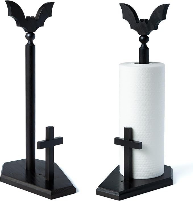 Bat Paper Towel Holder with Suction Cups - Black Wooden Coffin Paper Roll Holder, Gothic Kitchen and Bathroom Accessory, Halloween Decor, Spooky Rustic Table and Witchy Gifts for Women (Bat) - skull toilet paper