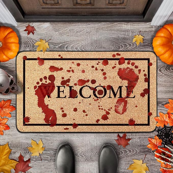 Halloween Decorations Horror Door Mat, Blood Footprints Welcome Doormats 17" x 30", Non-Slip Rubber Linen Mats Washable Carpet for Outdoor Front Door Porch Entryway Indoor Bathroom Kitchen - skull toilet mat