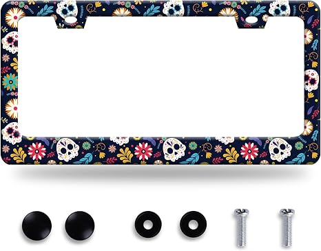 Sugar Skull Flowers Stainless Steel License Plate Frame for US Cars Decor - skull plate