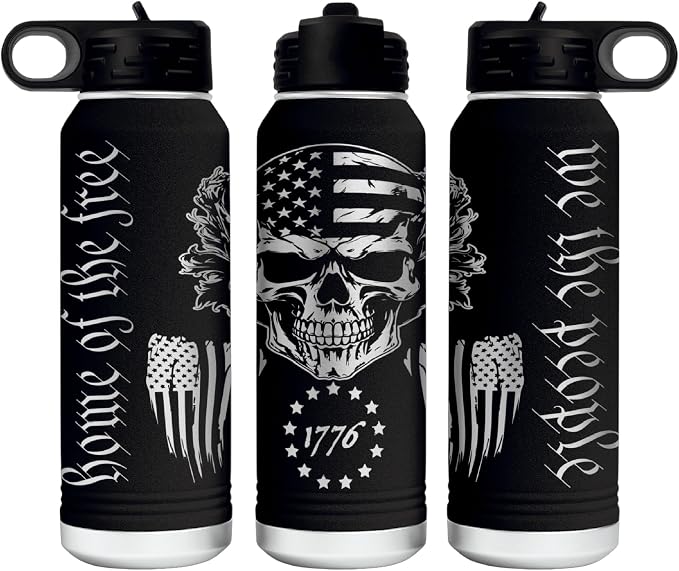 Skull Flag 32 Ounce American Flag Double Walled Stainless Steel Insulated 32oz Water Bottle – Full 360 Degree Engraving – Engraved in USA - skull bottle