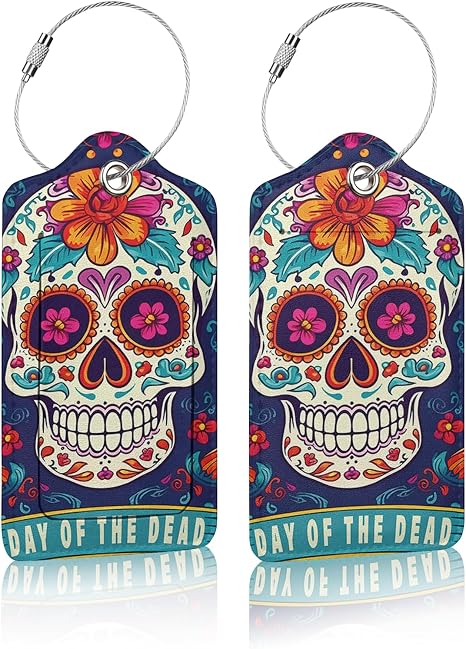 2 Pack Luggage Tag for Suitcases, Halloween Sugar Skull Mexican Flower Leather Baggage Tags Privacy Cover ID Label for Women Men Travel - skull suitcase