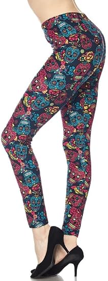 Pink Blue Sugar Skull Print Brushed Ankle ONE Size Leggings - skull leggings