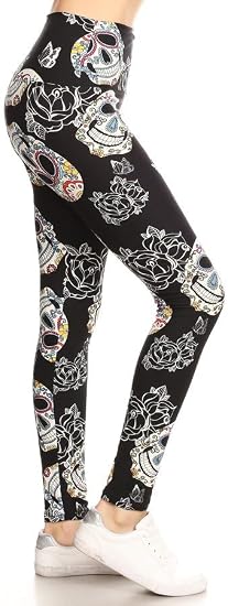 Yoga Band Sugar Skull with Roses Print Brushed Ankle ONE Size Leggings - skull leggings
