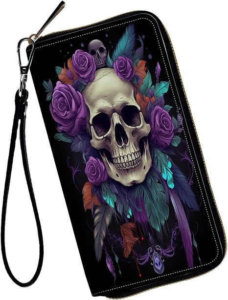 Women Wallets,Large Capacity Clutch Purse for Women Ladie Men Wallet Clearance Credit Card Holder PU Leather Handbag Clutch Purse,Purple Roses and Skulls - sugar skull handbags for sale
