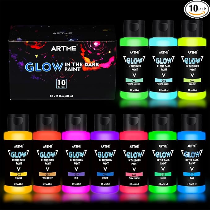 ARTME Glow in The Dark Paint, 10 Bright Colors 60ml/2oz Blacklight Paint Set, Neon Craft Paint, Acrylic Glow Fluorescent Paint Perfect for Art Painting, DIY projects, Halloween and Christmas Decoration - skull painting