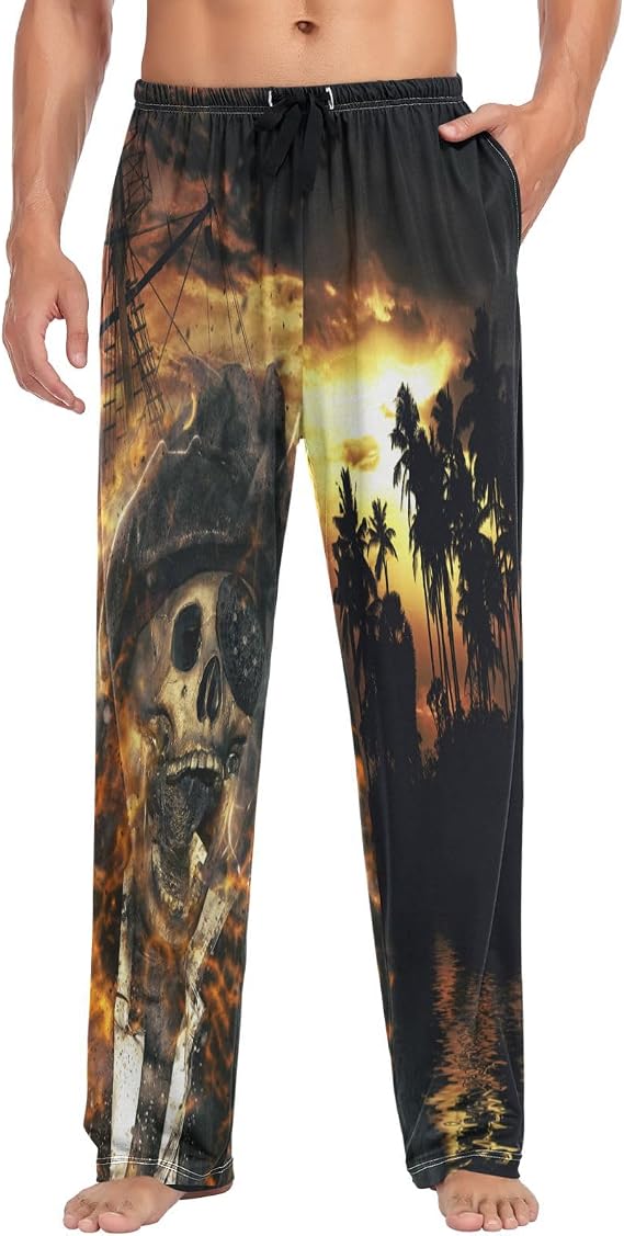 visesunny Mens 100% Cotton Pajama Bottoms Lightweight Lounge Pant with Pockets Soft Sleep Pj Pants for Men - skull pajamas