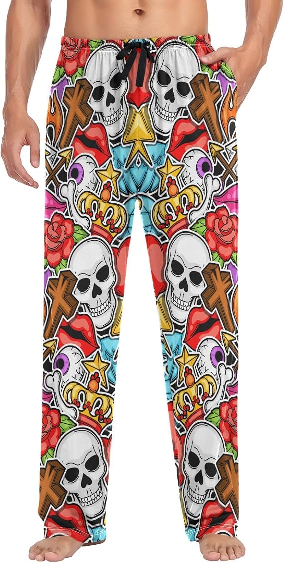 visesunny Men's Pajama Pants 100% Cotton Lounge Soft Warm Sleepwear Pants PJ Bottoms Drawstring and Pockets - skull pajamas