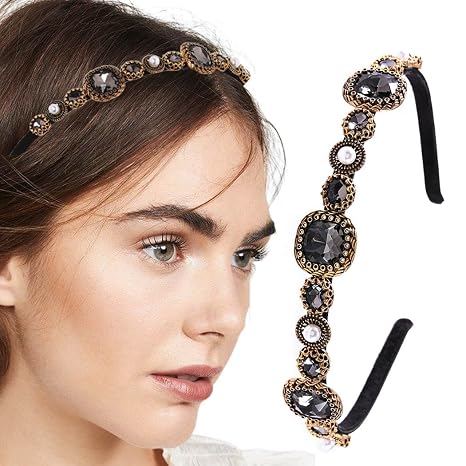 Baroque Crystal Headband Pearl Rhinestones Hairbands Black Thin Headband for Women(Type A) - skull headband