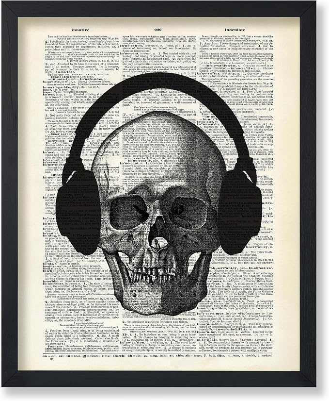 Poster Master Skull with Headphone Print – Music Poster -Dictionary Art – Gift for Men, Women, Musician – Goth Wall Decor for Bedroom, Living Room, Office – 8×10 UNFRAMED Wall Art