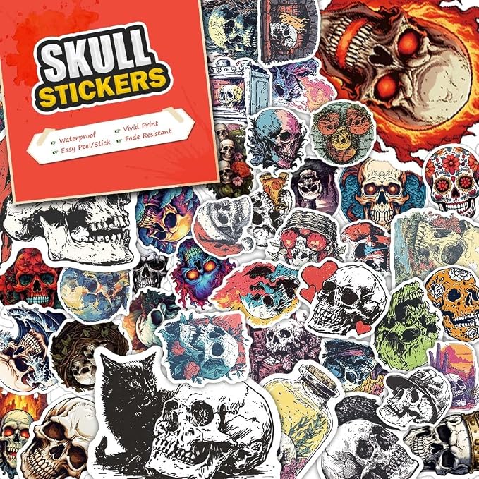 100 Pack Skull Stickers (Large Size), Decal Sticker for Laptop, Phone, Car, Water Bottle, Stickers for Adult and Skull Lovers