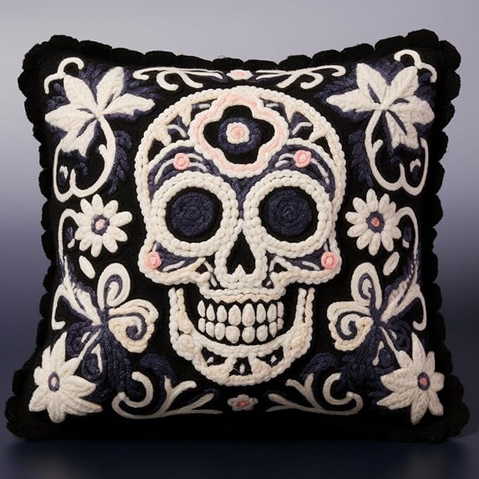 Black and White Skull Latch Hook Kits Pillow Cover Printed Canvas DIY Cushion Crochet Yarn Needlework Hook Latch Kit Embroidery Pillowcase Rug Home Sofa Christmas Decoration 43x43cm(1)