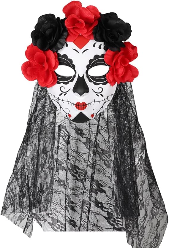 KIHOARL Day of The Dead Sugar Skull Mask with Veil and Rose Flower Crown Mexican Dia de Los Muertos Halloween Lace Mask for Masquerade Cosplay Party Costume Accessory - sugar skull makeup