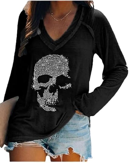 Fronage Womens Rhinestone Skull Tank Tops Long Short Sleeve Summer V Neck Sleeveless Shirts - skull sweatshirts