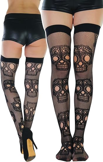 ToBeInStyle Women’s Sugar Skull Día de los Muertos La Catrina Skeleton Bones Tights & Thigh High Stockings - sugar skull costume