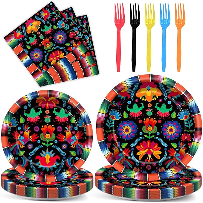100PCS Mexican Fiesta Party Plates and Napkins Party Supplies Day of The Dead Mexico Mexican Tableware Dinnerware Set Decorations for Dia De Los Muertos Mayo Dance Pinata Colorful Ponchos Serves 25 - skull plate